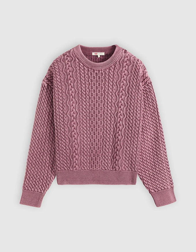 A dusty rose pink cable-knit crewneck sweater with ribbed cuffs and hem, displayed flat against a light gray background.