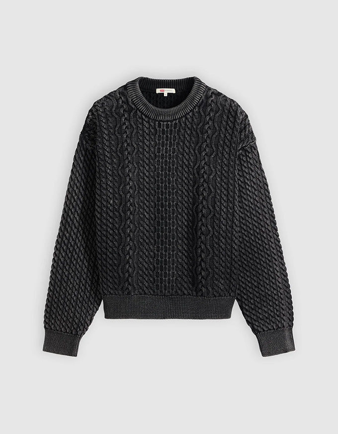 A dark charcoal gray cable-knit crewneck sweater with ribbed cuffs and hem, displayed flat against a light gray background.