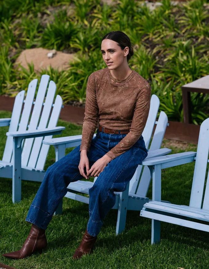 Barre Sheer Lace Top Bark