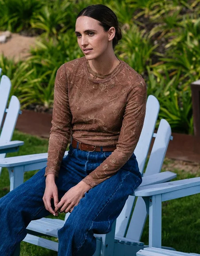 Barre Sheer Lace Top Bark
