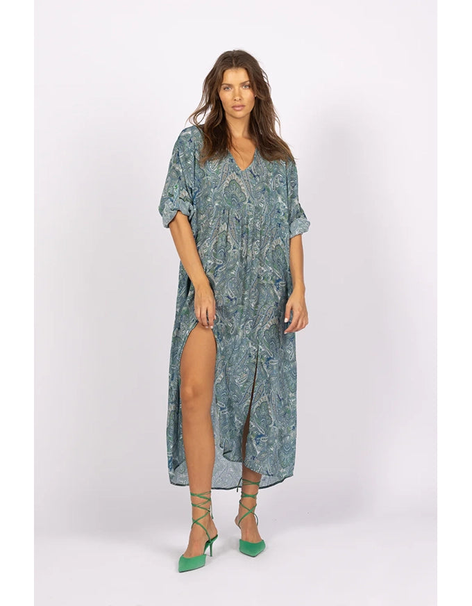 Damask Paisley Kaftan Dress Blue/Green