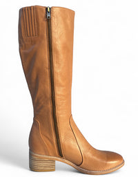 Tan knee-high boot with a zipper on a white background
