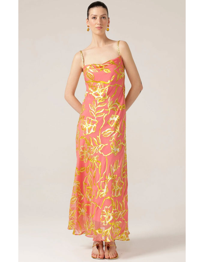 Peach Pheasant Dress Peach Gold Flower