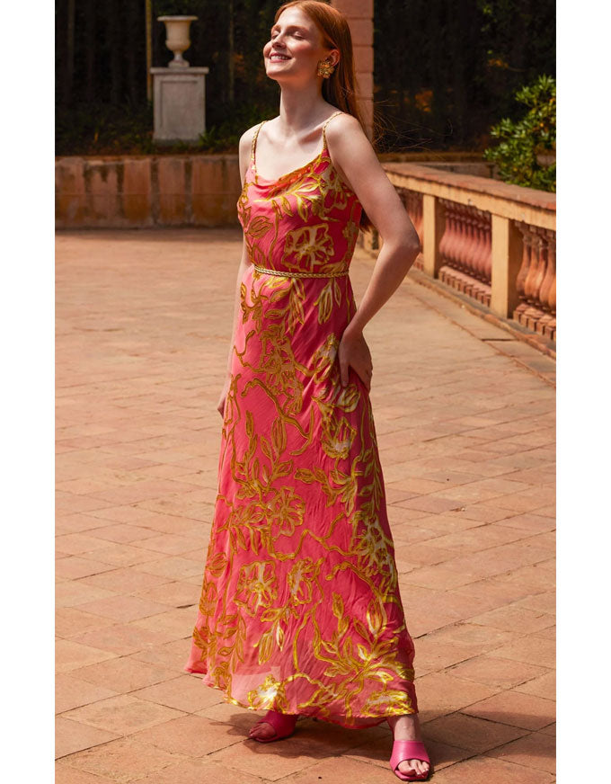 Peach Pheasant Dress Peach Gold Flower