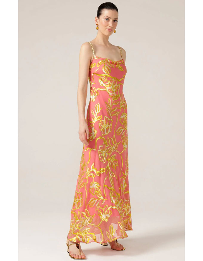 Peach Pheasant Dress Peach Gold Flower