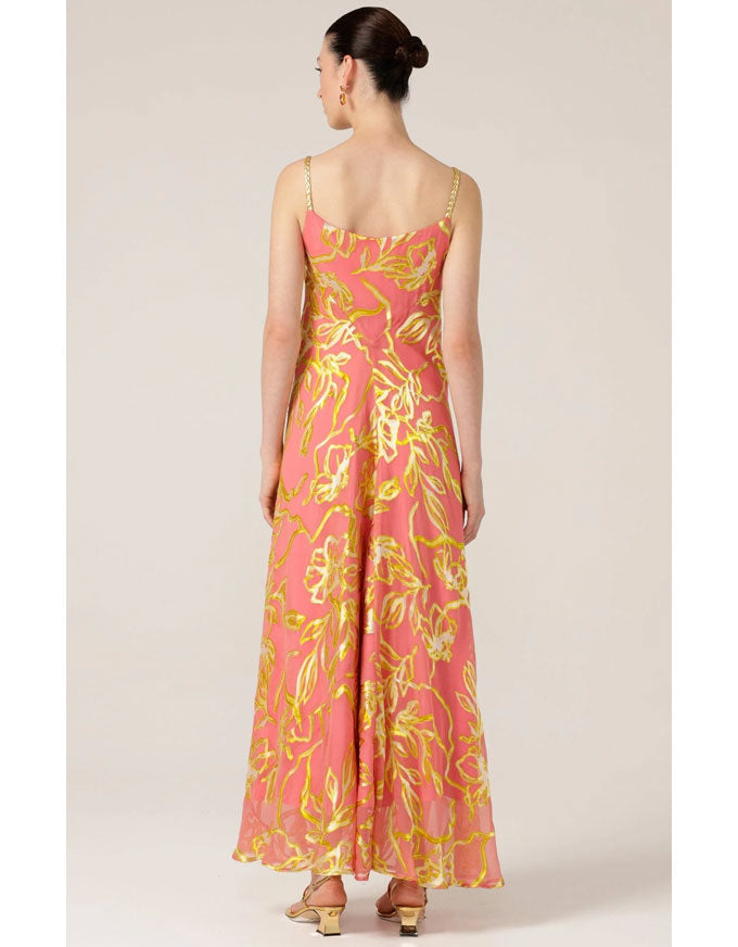 Peach Pheasant Dress Peach Gold Flower