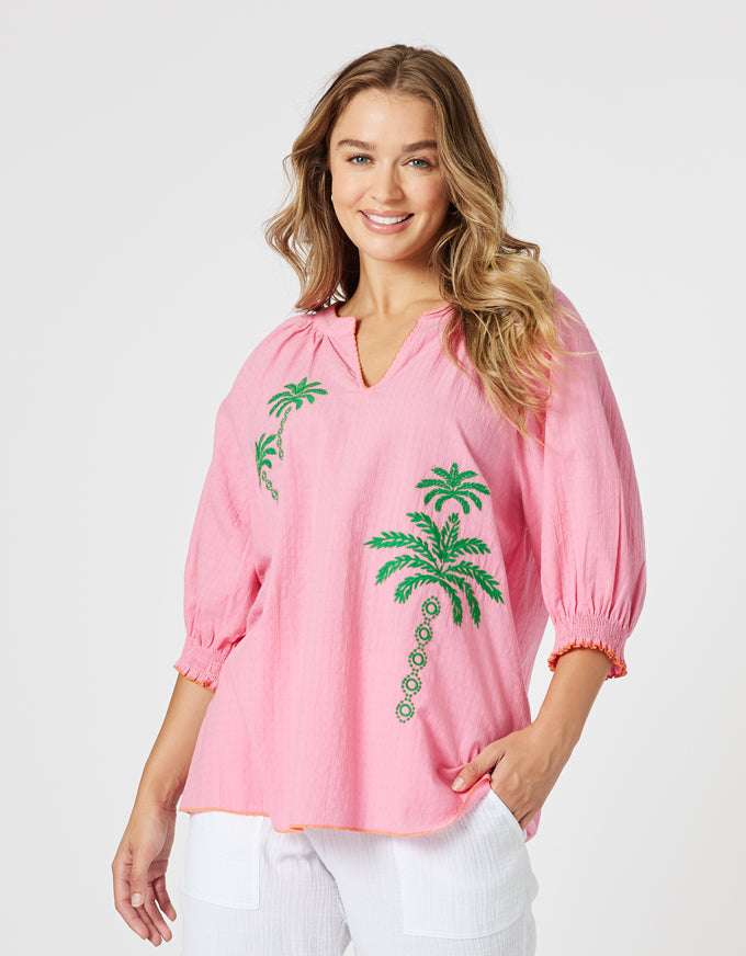 Pina Colada Embroidered Top Pink Green