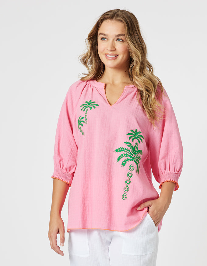 Pina Colada Embroidered Top Pink Green