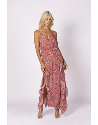 Damask Paisley Ruffle Slip Dress Pink