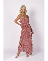 Damask Paisley Ruffle Slip Dress Pink