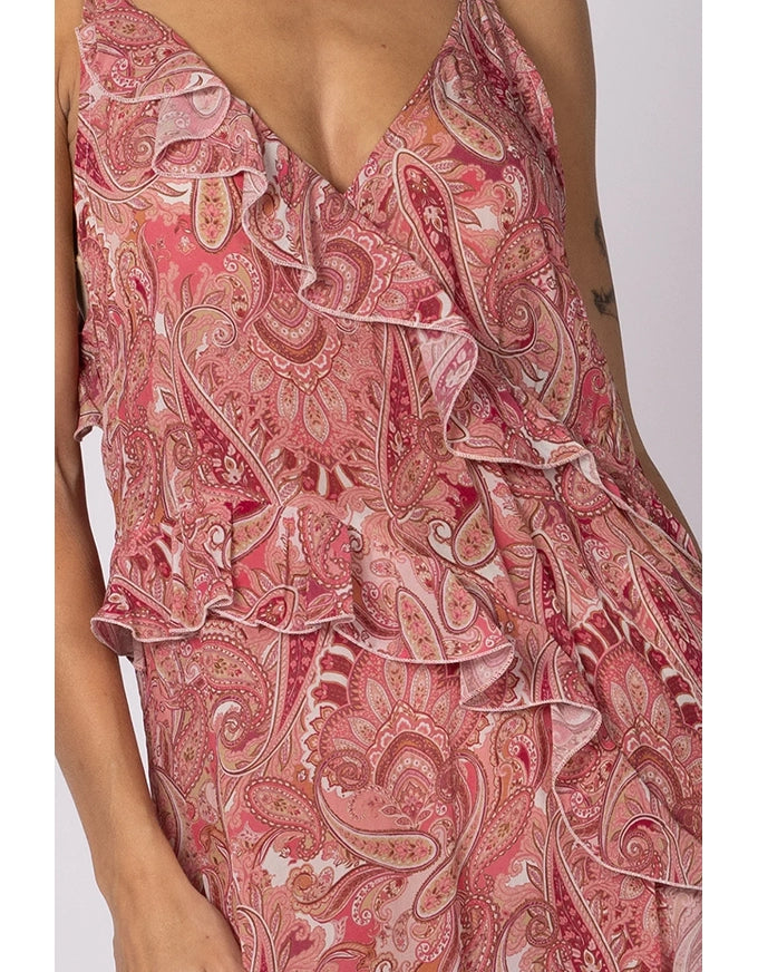 Damask Paisley Ruffle Slip Dress Pink