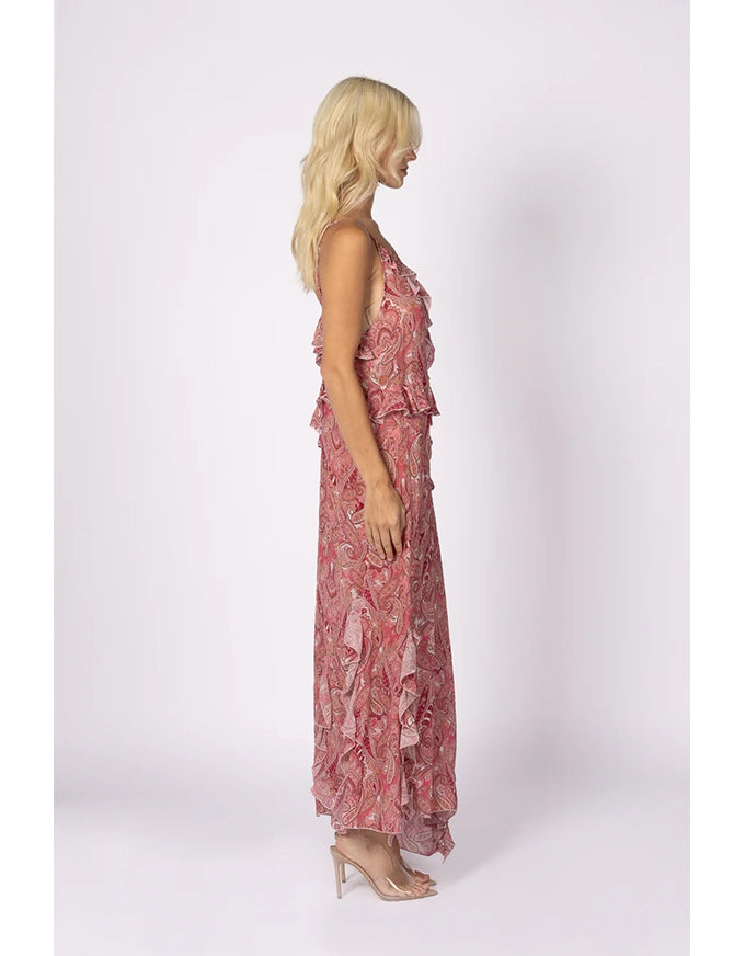 Damask Paisley Ruffle Slip Dress Pink