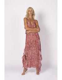 Damask Paisley Ruffle Slip Dress Pink