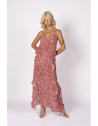 Damask Paisley Ruffle Slip Dress Pink