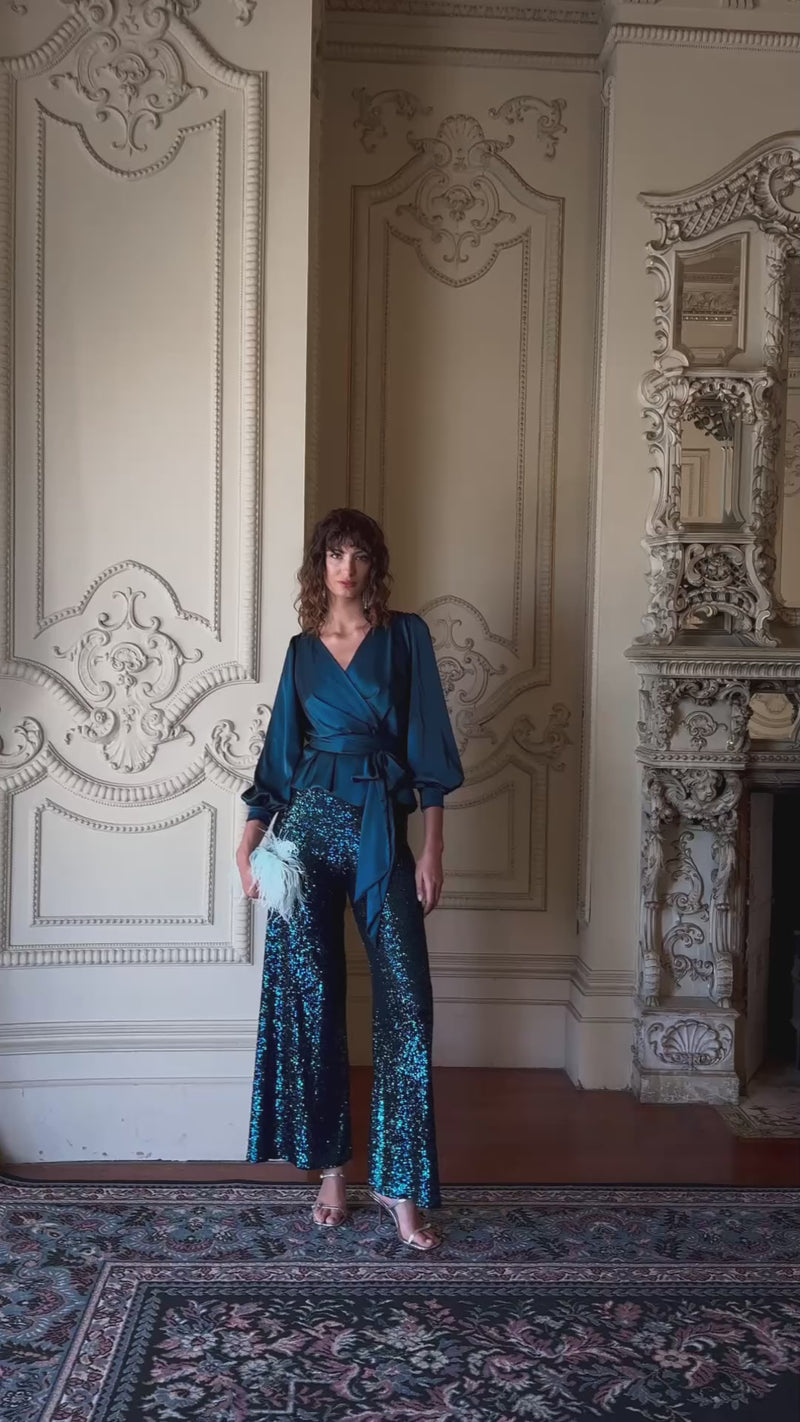Sequin Palazzo Pant - Peacock