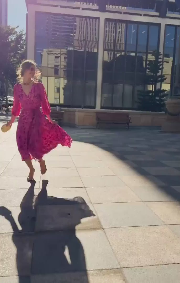 Sherbet Breeze Midi Wrap Dress Magenta Botanical