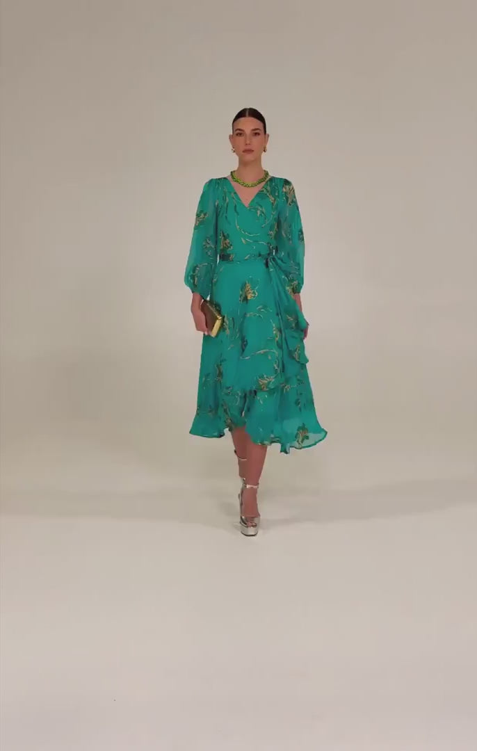 Lorelei Wrap Midi Dress Jade Gold Flora