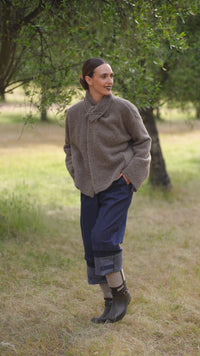 Shetland knit jacket in bark with soft textured finish and wrap collar detail