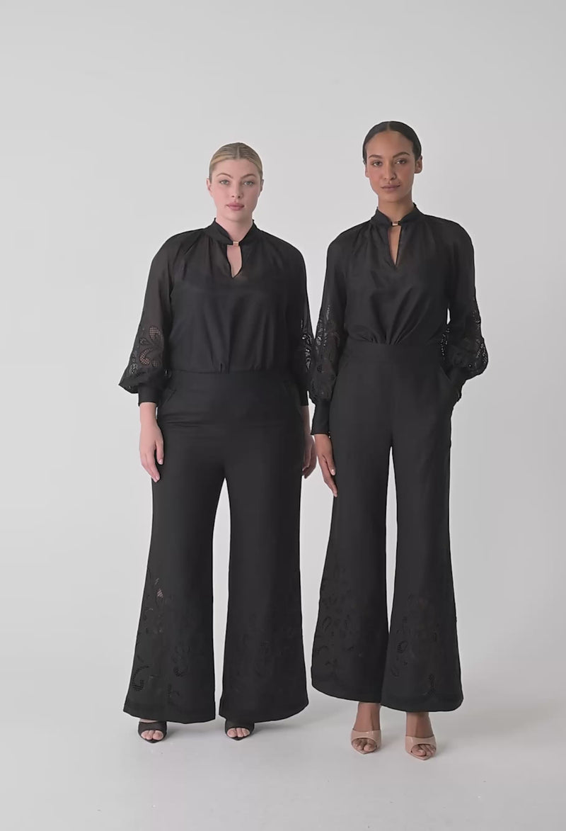 Rhea Linen Viscose Embroidered Pant Black
