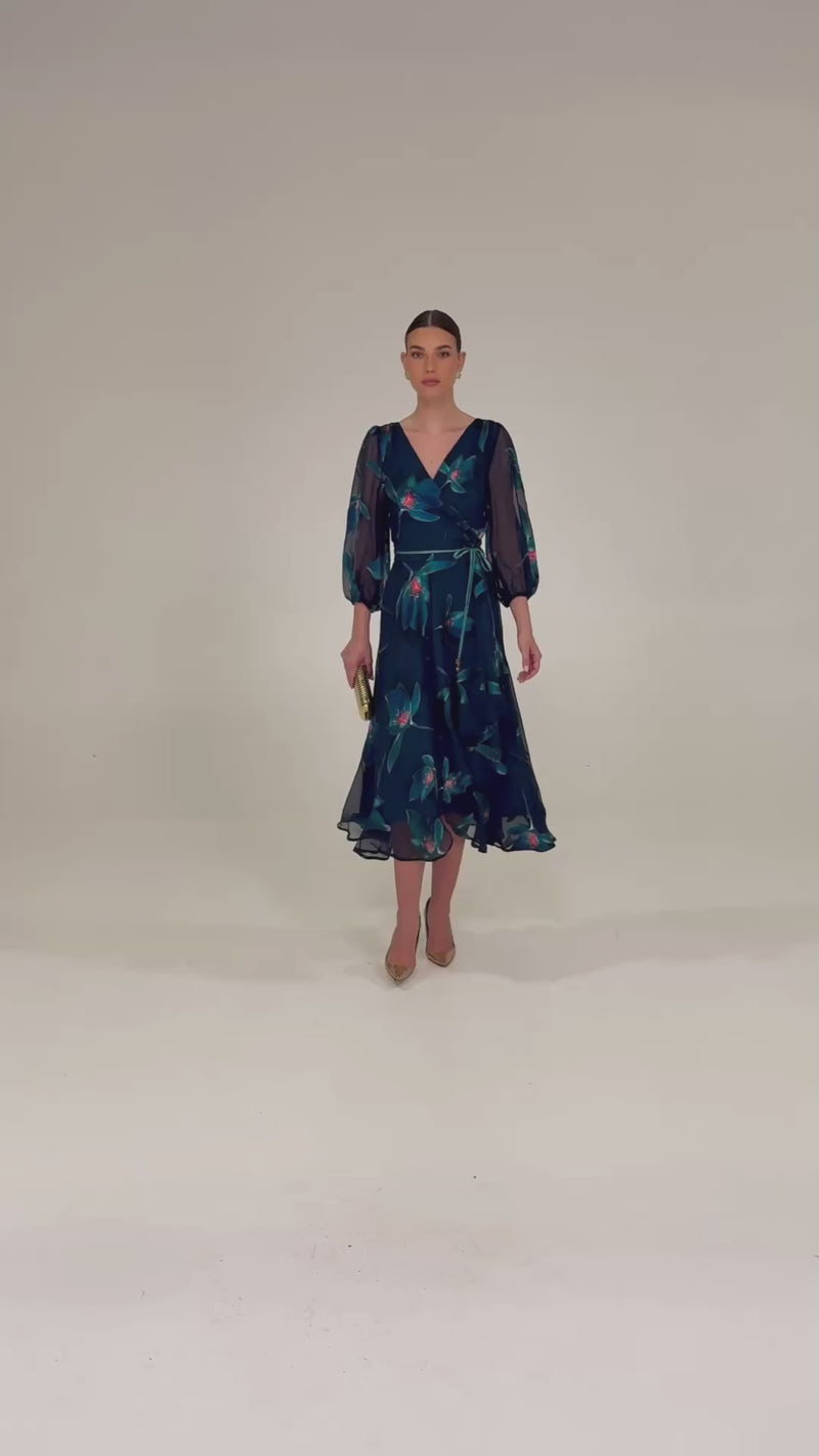 Pendulum Wrap Dress Teal Coral Flower