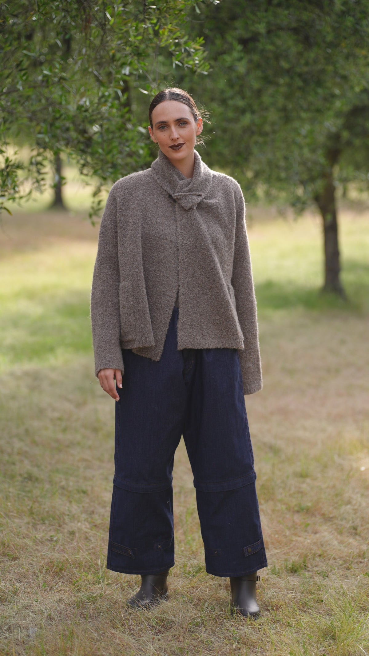 Shetland knit jacket in bark with soft textured finish and wrap collar detail