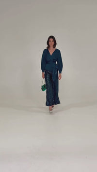 Satin Faux Wrap Top - Peacock