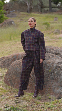 Skye button jacket in navy/red check with high collar and front buttons