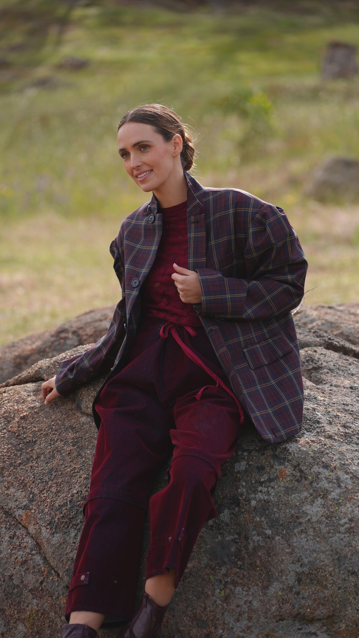 Skye button jacket in navy/red check with high collar and front buttons