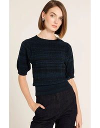 Chevron Short Slv Knit Top Black Ocean