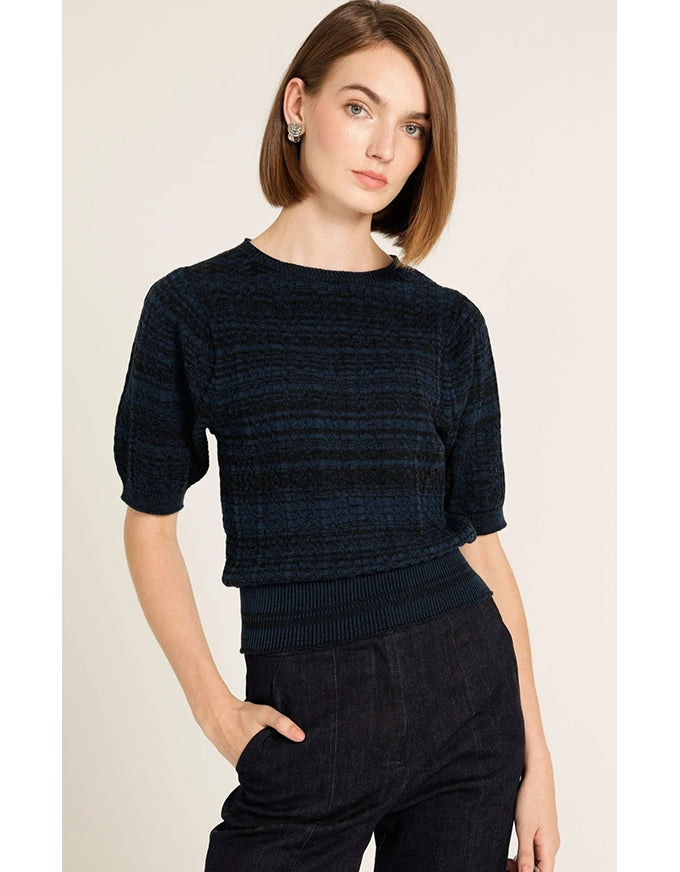 Chevron Short Slv Knit Top Black Ocean