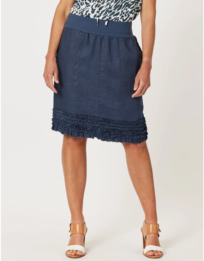 Ruffle Hem Linen Skirt Navy