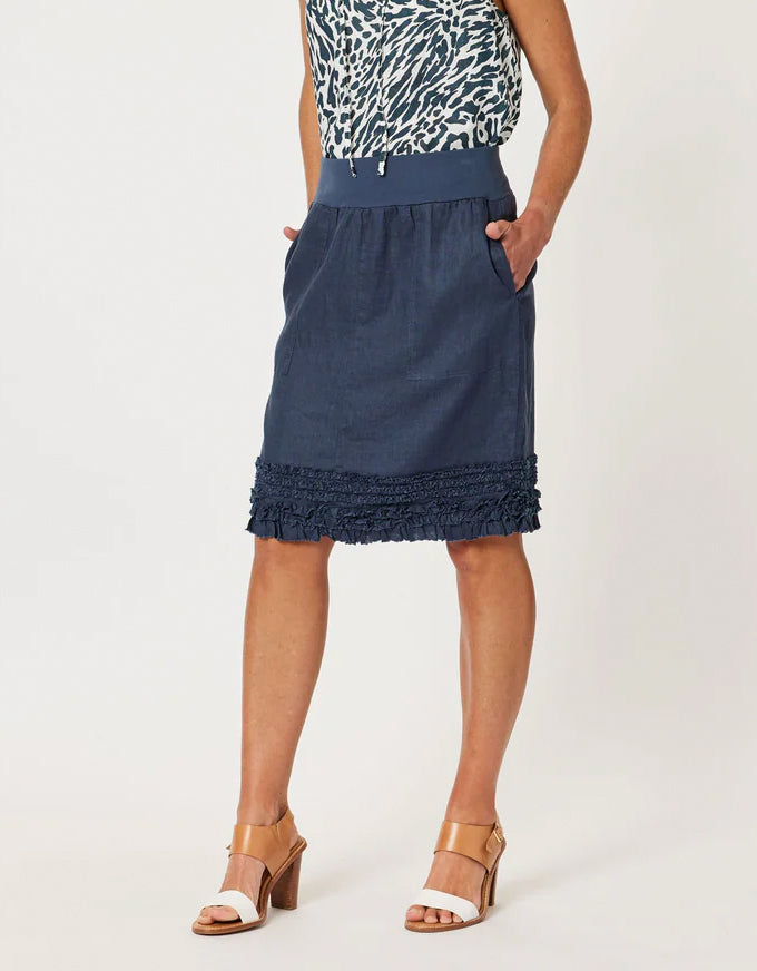 Ruffle Hem Linen Skirt Navy