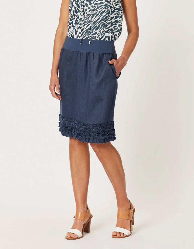 Ruffle Hem Linen Skirt Navy