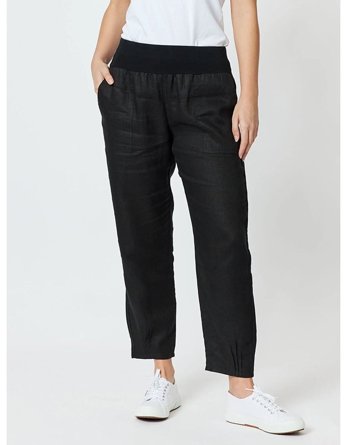 Sarah Linen Pleat Hem Pant Black