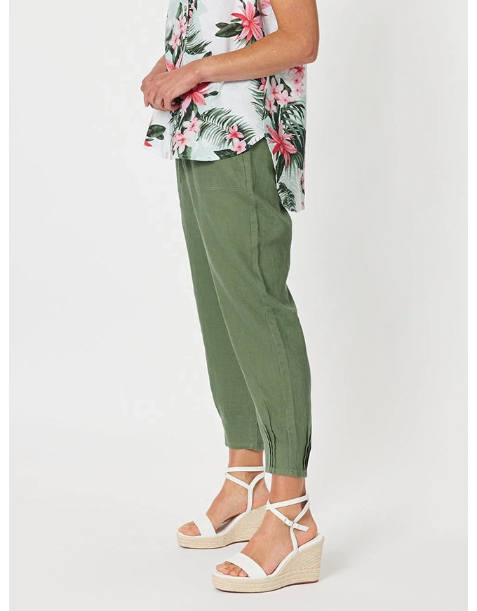 Sarah Linen Pleat Hem Pant Khaki