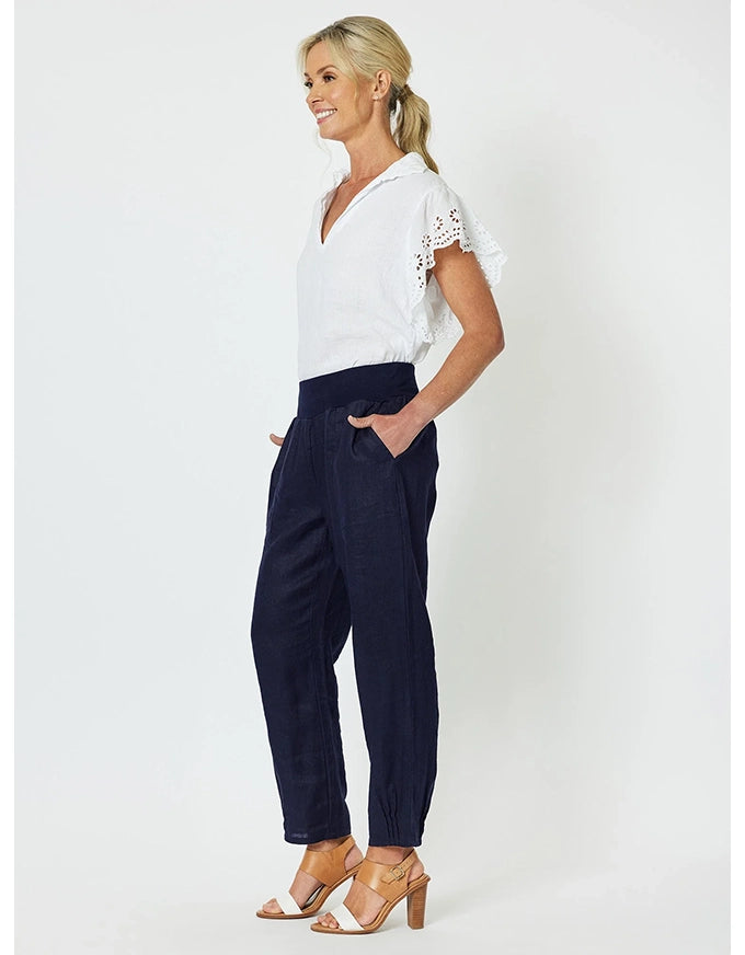 Sarah Linen Pleat Hem Pant Navy