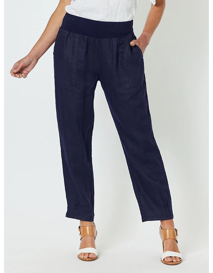 Sarah Linen Pleat Hem Pant Navy