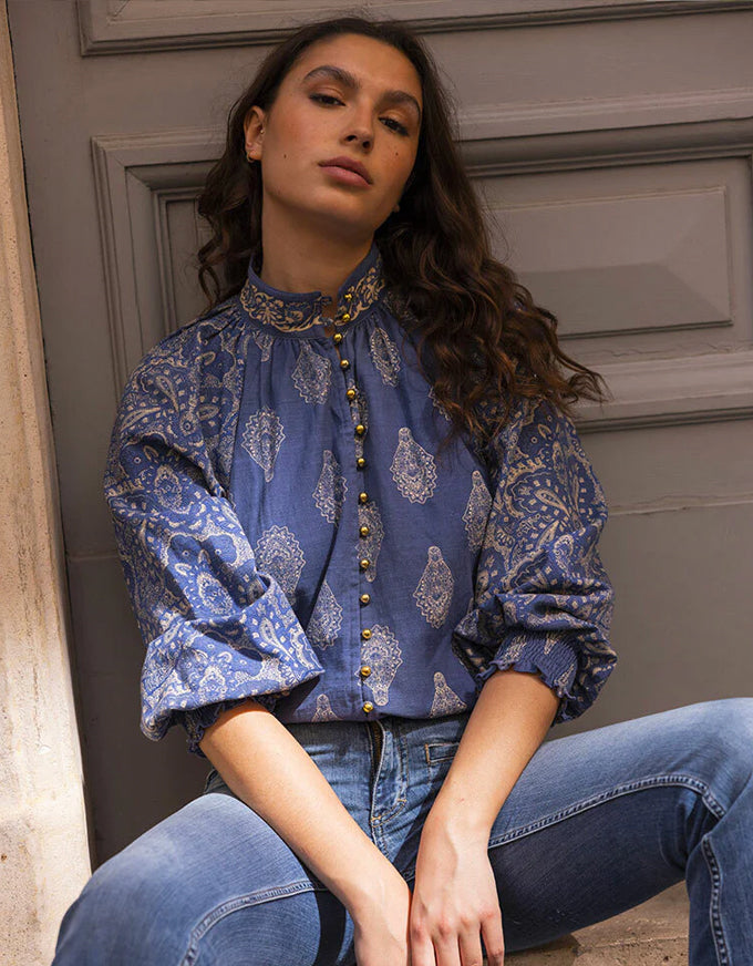 The Sofia Blouse in Blue Paisley, from Miss June Paris.