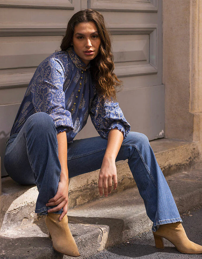 The Sofia Blouse in Blue Paisley, from Miss June Paris.
