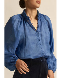 Woman wearing a blue blouse with long sleeves and a high collar against a beige background