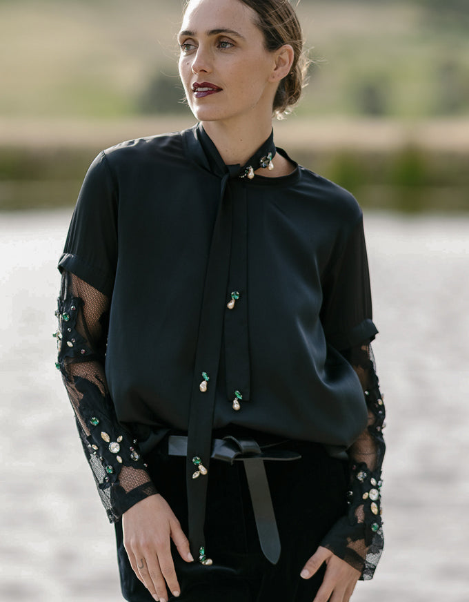 Tara Tie - Black Silk & Pearls