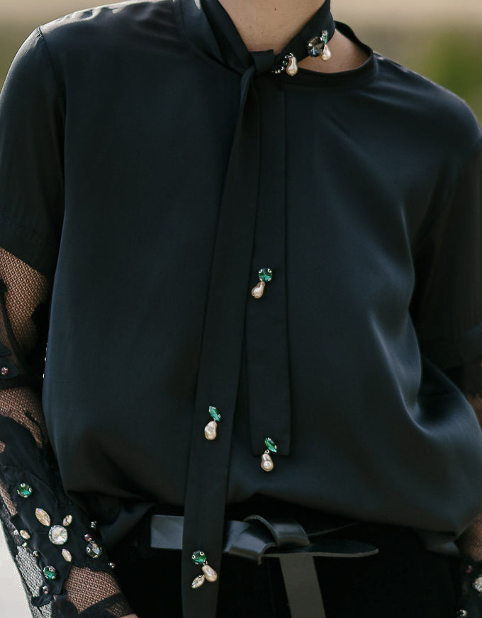 Tara Tie - Black Silk & Pearls