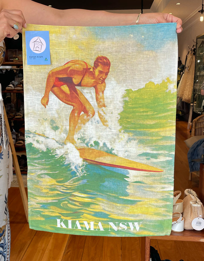 Natural Linen Tea Towel - Kiama Surfer