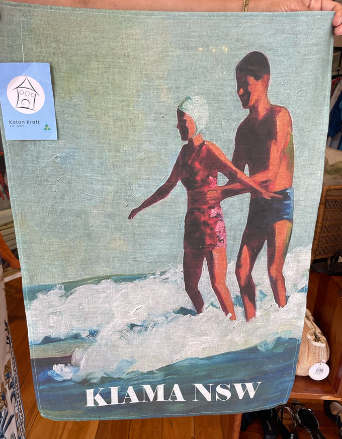 Natural Linen Tea Towel - Kiama Swimmers