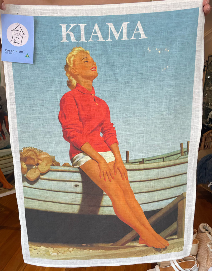 Natural Linen Tea Towel - Kiama Lady & Boat