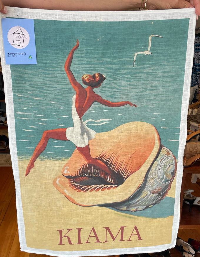 Natural Linen Tea Towel – Seaside Dance