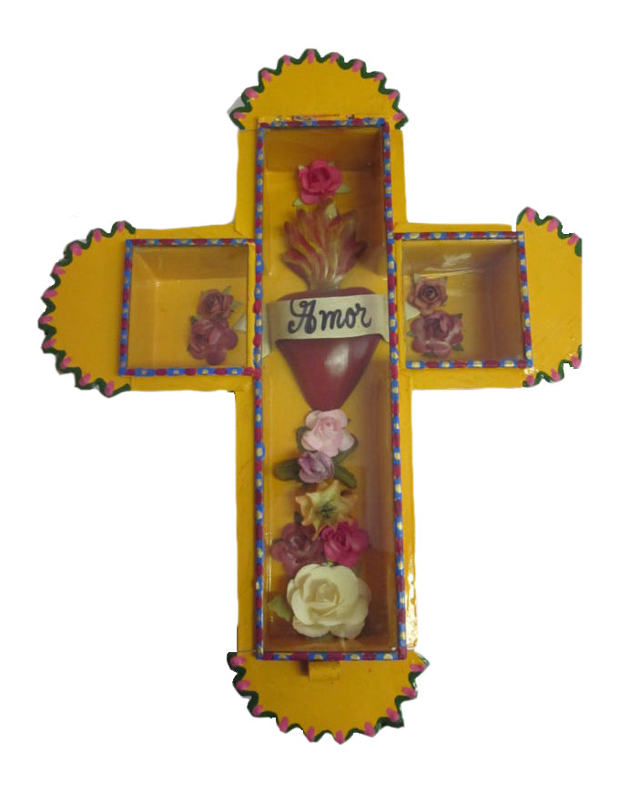 Tin Cross with Heart Amore Yellow