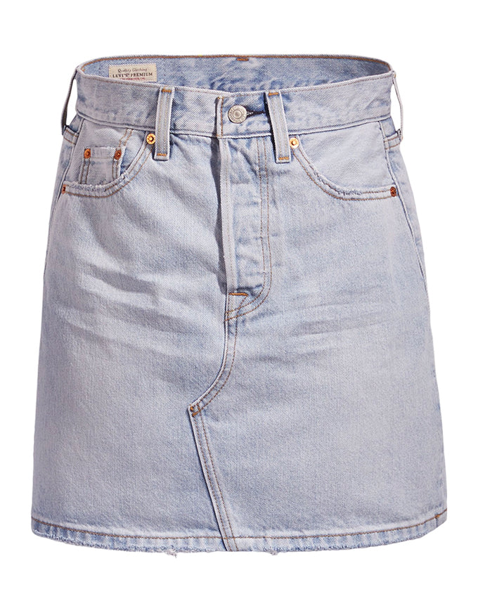Hi Rise Deconstructed Iconic Button Fly Denim Skirt.