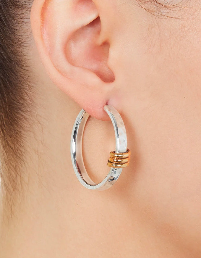 Beaten Silver Rectangular Tube Hoop with Tumbaga Coil and Stud Fitting