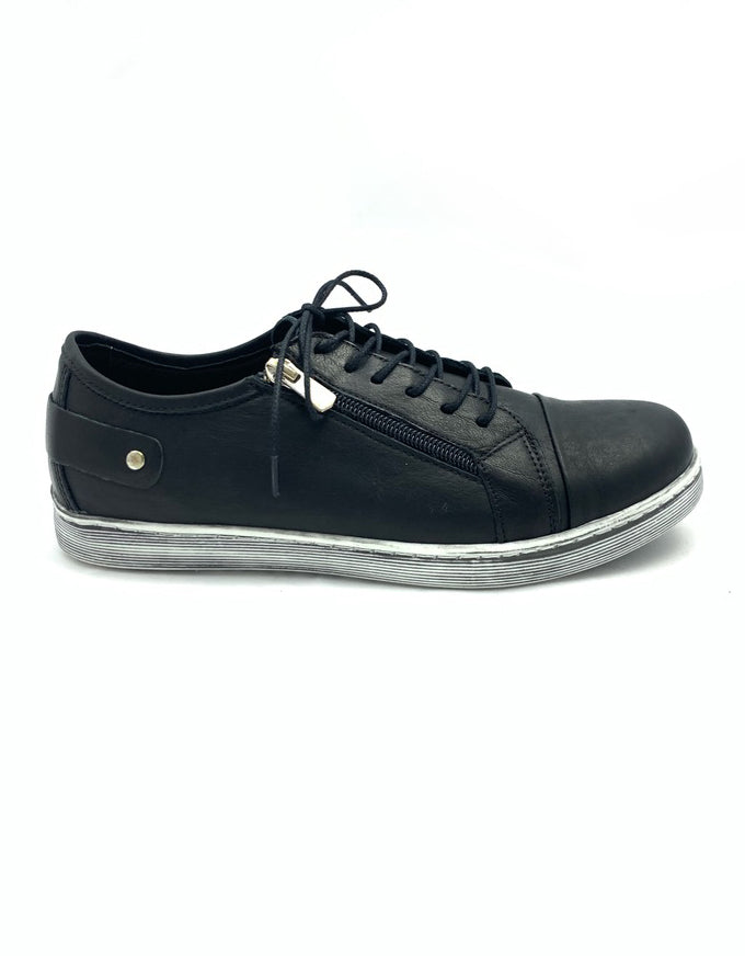 Cabello EG18 - Black.  An easy everyday sneaker style, with solid leather upper, laces and a zip feature.